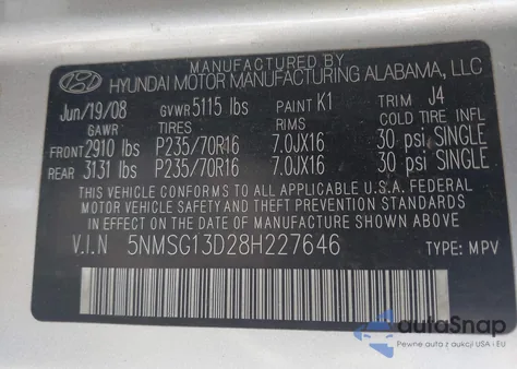 2008 Hyundai Santa Fe Gls from USA, damaged, VIN 5NMSG13D28H227646